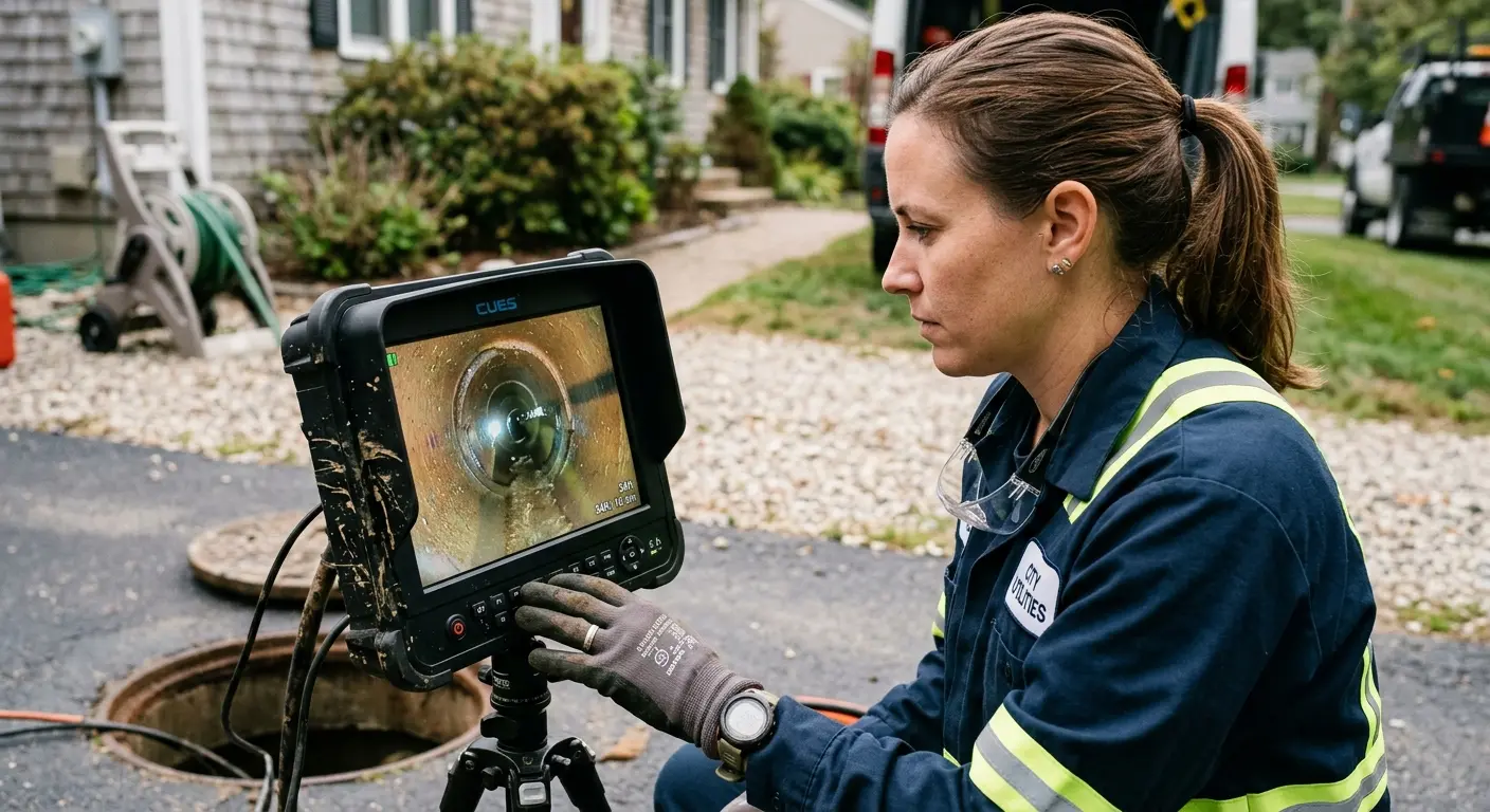 Technician reviewing sewer camera inspection footage in Chattanooga
