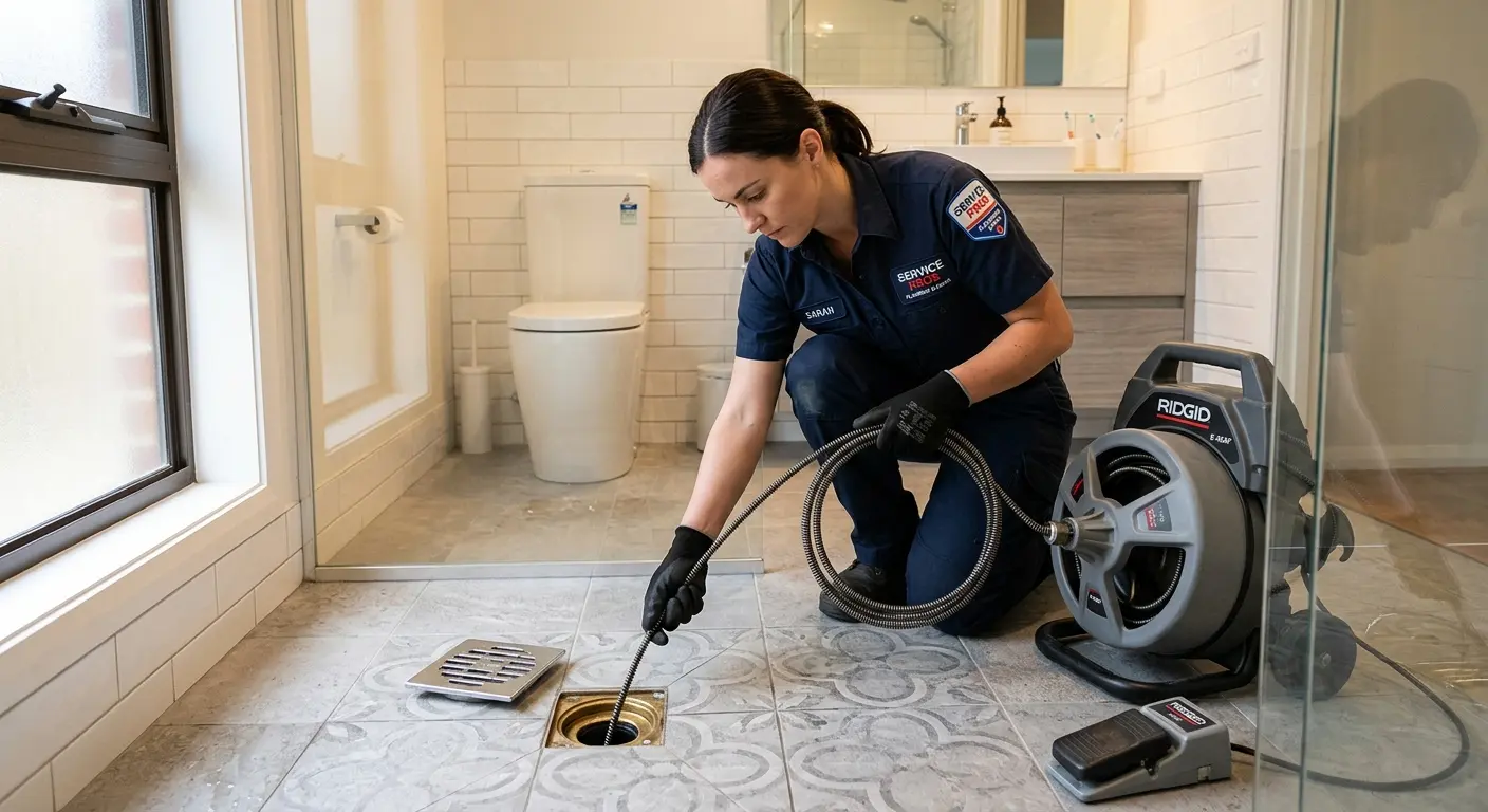 Technician clearing a bathroom floor drain for Hydro Jetting in Chattanooga